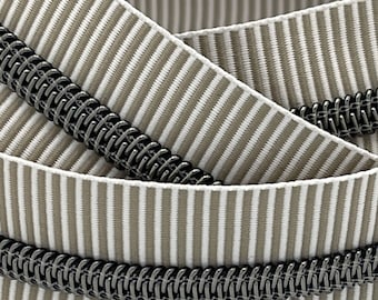 Gray & White Striped Zipper Tape: Gunmetal Nylon Coil, Size #5, By The Yard