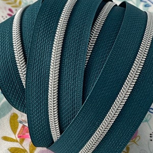 Size #3 | Dark Tropical Teal Zipper Tape with Silver Nylon Coils | Zipper by the Yard