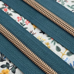 Midnight Green Zipper Tape with Antique Bronze Nylon Coils | Size #5 | Zipper by the Yard