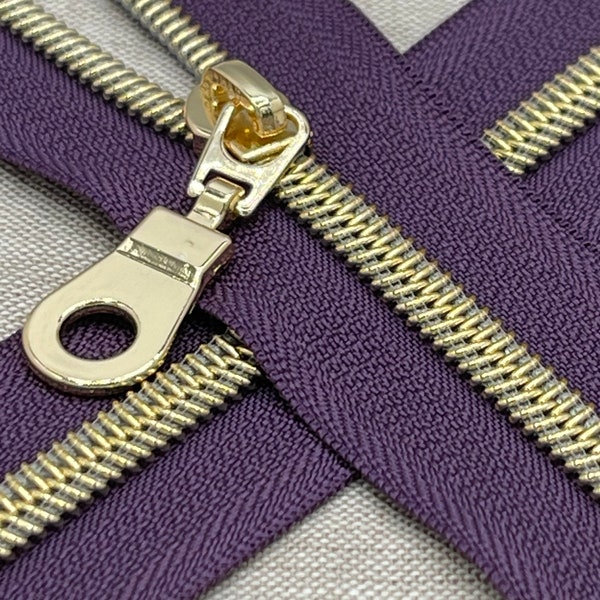 Purple (Plum) Zipper Tape, Size #5 with Gold Teeth | Zipper by the Yard