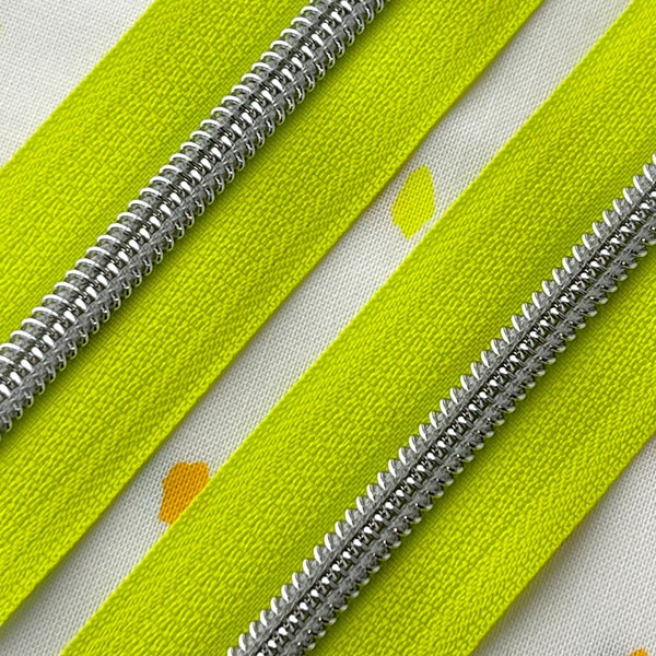 Lime Green Zipper Tape with Silver Nylon Coil (Size #5) - Zipper by the Yard