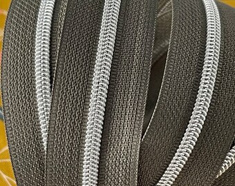 Size #3 | Charcoal Zipper Tape with Silver Nylon Coils | Zipper by the Yard