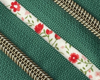 Evergreen | Green Zipper Tape with Antique Bronze Teeth | Zipper by the Yard | Size #5