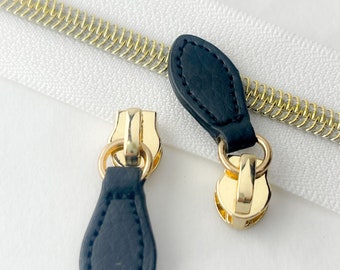 Black Leather Zipper pull with Gold Slider | Size #5 | Pack of 2
