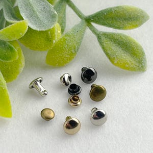May include: Assortment of metal rivets in various finishes, including silver, gold, black, and brass. The rivets are round and have a flat top.
