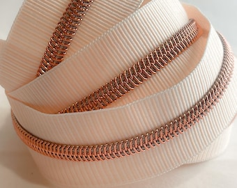 Light Pink and White Striped  Zipper Tape with Rose Gold Nylon Coils | Size #5