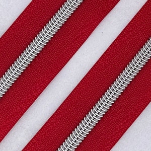 Red Zipper Tape with Silver Nylon Coil | Size #5 | Zipper by the Yard