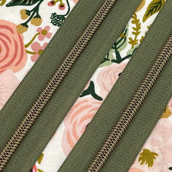 Army Green Zipper Tape with Antique Bronze Nylon Coil (Size #5) - Zipper by the Yard