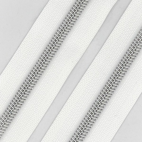 White Zipper Tape with Silver Nylon Coil (Size #5) - Zipper by the Yard - Nylon Coil