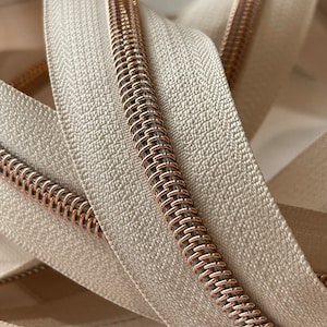 Bone Zipper Tape with Rose Gold Nylon Coils | Size #5 | Zipper by the Yard