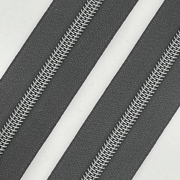 Black Zipper Tape with Gunmetal Nylon Coil (Size #5) - Zipper by the Yard - Nylon Coil Zipper