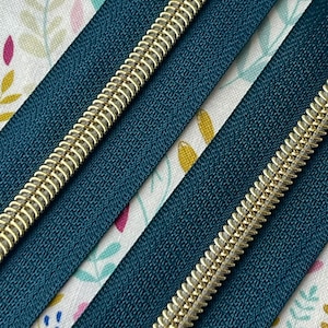Dark Tropical Teal Zipper Tape with Gold Nylon Coils | Size #5 | Zipper by the Yard
