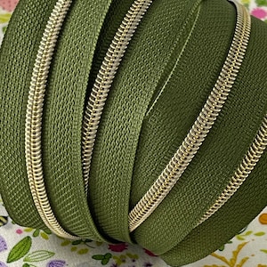 Size #3 | Forest Green Zipper Tape with Gold Nylon Coils | Zipper by the Yard