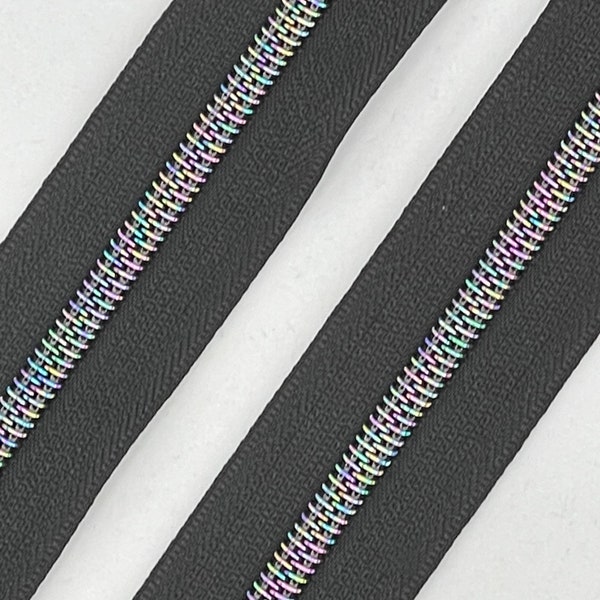 Black Zipper Tape with Rainbow Nylon Coil (Size #5) - Zipper by the Yard