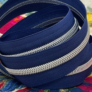 Blue Zipper Tape with Silver Nylon Coil (Size #5) - Zipper by the Yard