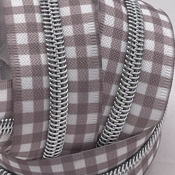 Gray Gingham Zipper Tape with Silver Nylon Coils | Size #5