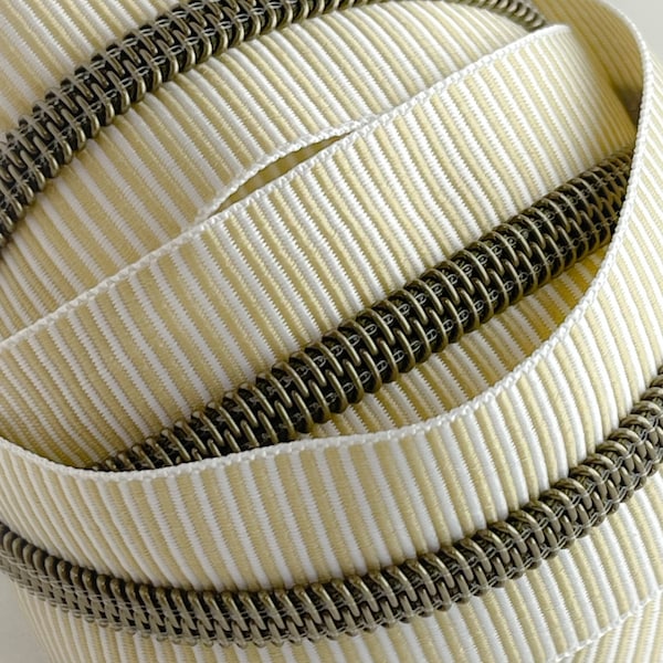 Beige and White Striped Zipper Tape with Antique Bronze Nylon Coil (Size #5) - Zipper by the Yard