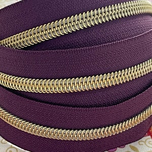 Midnight Purple Zipper Tape with Gold Nylon Coils | Size #5 | Zipper by the Yard