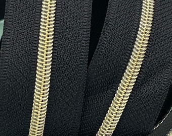 Size #3 | Black Zipper Tape with Gold Nylon Coils | Zipper by the Yard