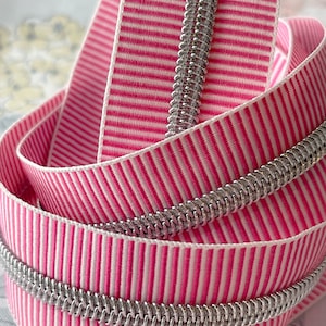Pink and White Striped Zipper Tape with Silver Nylon Coils | Size #5