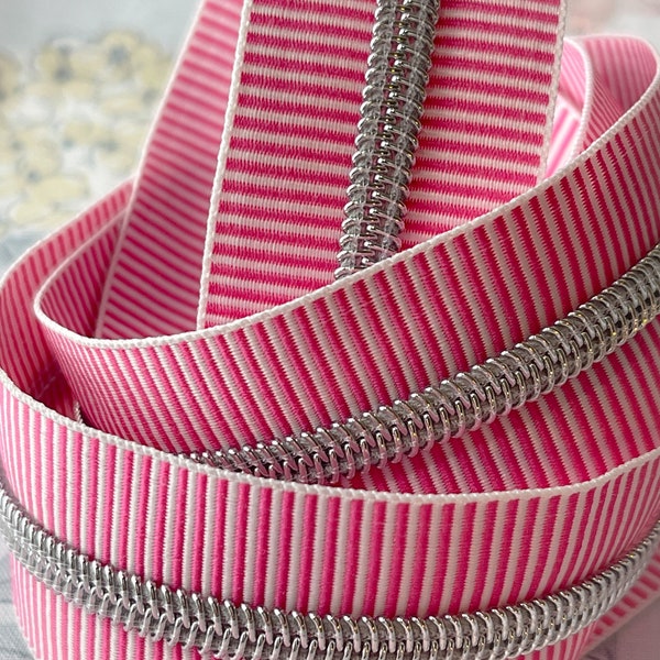 Pink and White Striped Zipper Tape with Silver Nylon Coil (Size #5) - Zipper by the Yard