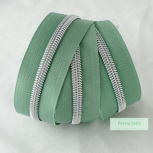 Pistachio | Green | Zipper Tape with Silver Nylon Coil | Size 5 | Zipper by the Yard
