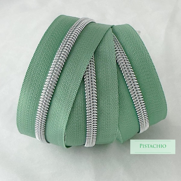 Pistachio | Green | Zipper Tape with Silver Nylon Coil | Size 5 | Zipper by the Yard