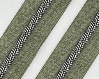 Army Green Zipper Tape with Gunmetal Nylon Coil (Size #5) - Zipper by the Yard