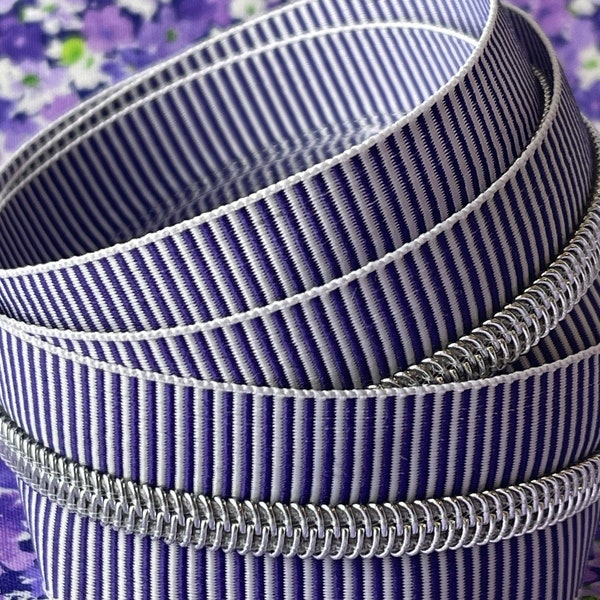 Purple and White Striped Zipper Tape with Silver Nylon Coils | Size #5