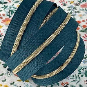 Size #3 | Dark Tropical Teal Zipper Tape with Gold Nylon Coils | Zipper by the Yard