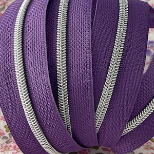 Size #3 | Heather Purple Zipper Tape with Silver Nylon Coils | Zipper by the Yard