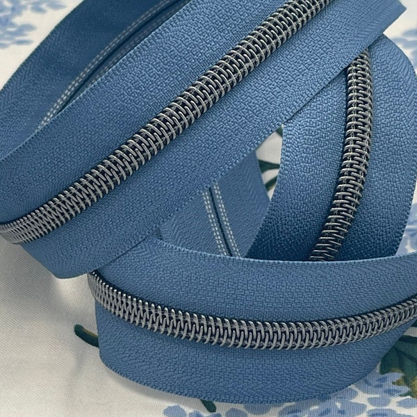 Pacific Blue Zipper Tape with Gunmetal Nylon Coil (Size #5) - Zipper by the Yard