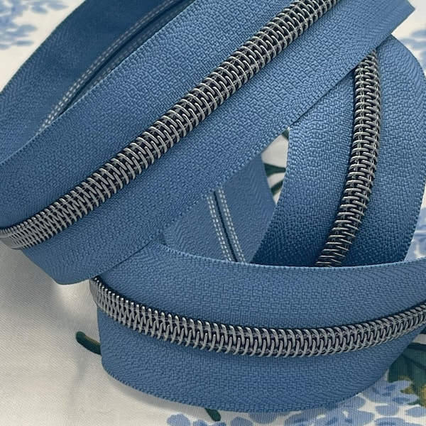 Pacific Blue Zipper Tape with Gunmetal Nylon Coils | Size #5 | Zipper by the Yard