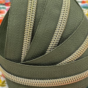Army Green Zipper Tape with Gold Nylon Coil | Size #5 | Zipper by the Yard