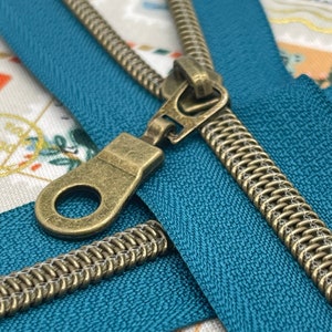 Peacock (Teal) Zipper Tape with Antique Bronze Nylon Coils | Size #5 | Zipper by the Yard