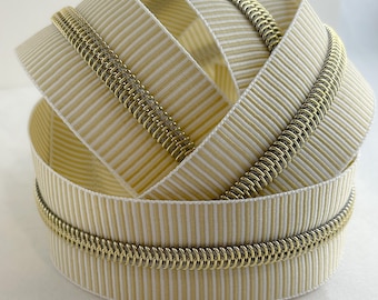 Beige and White Striped Zipper Tape with Gold Nylon Coil (Size #5) - Zipper by the Yard