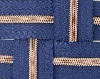 Blue Zipper Tape with Rose Gold Nylon Coils | Size #5 | Zipper by the Yard