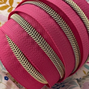 French Pink Zipper Tape with Gold Nylon Coils | Size #5 | Zipper by the Yard