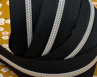 Size #3 Black Zipper Tape: Silver Nylon Coil, Zipper by the Yard