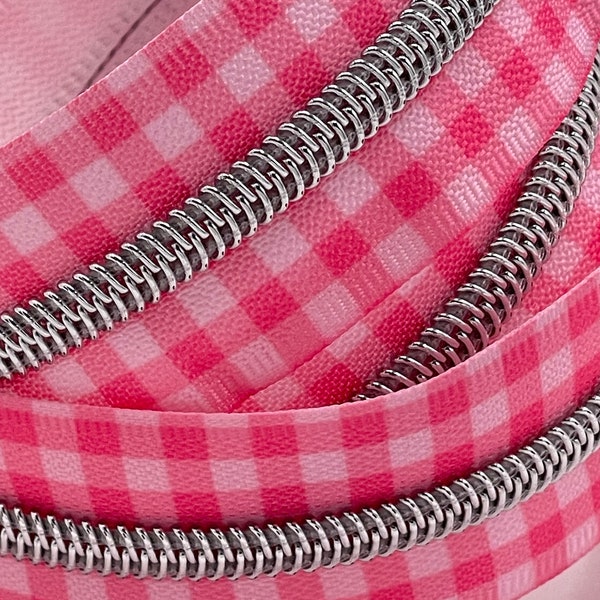 Pink Gingham Zipper Tape with Silver Nylon Coils | Size #5