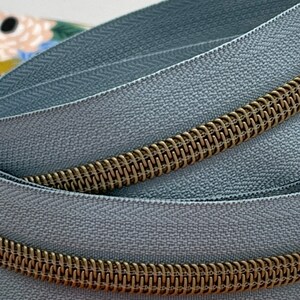 Blue Mist Zipper Tape with Antique Bronze Nylon Coil | Size #5 | Zipper by the Yard