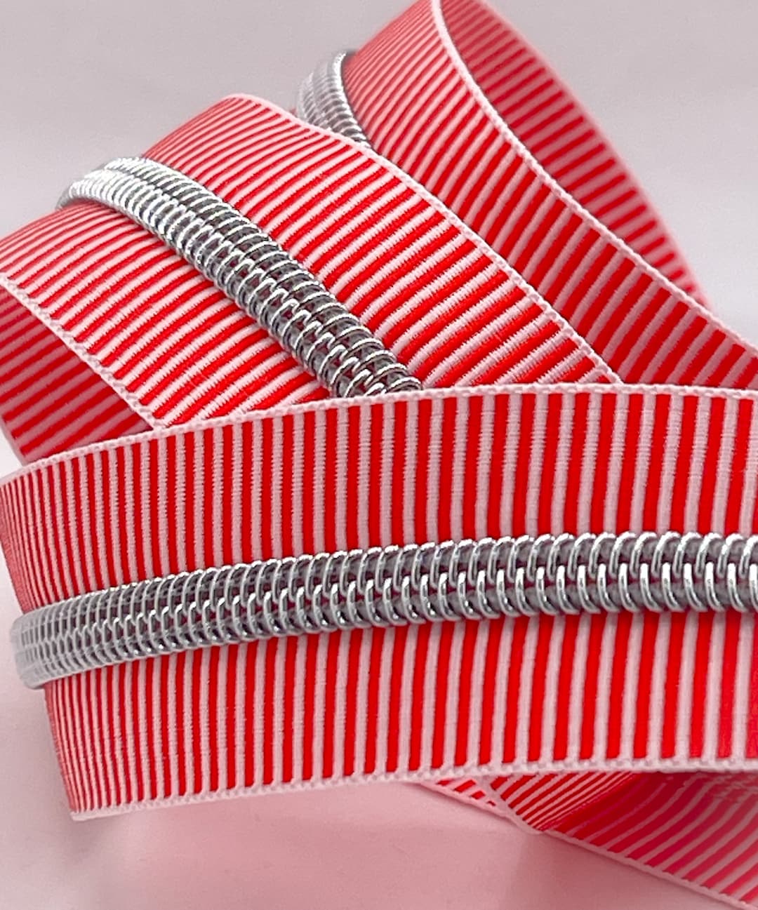 Striped Zipper Tape | Red and White With Silver Nylon Coils