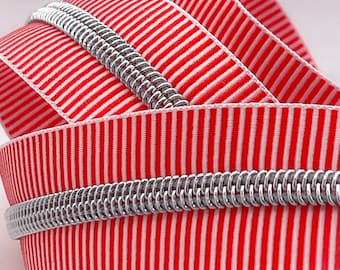 Striped Zipper Tape |  Size #5 | Red and White with Silver Nylon Coils | Zebra Zipper Tape