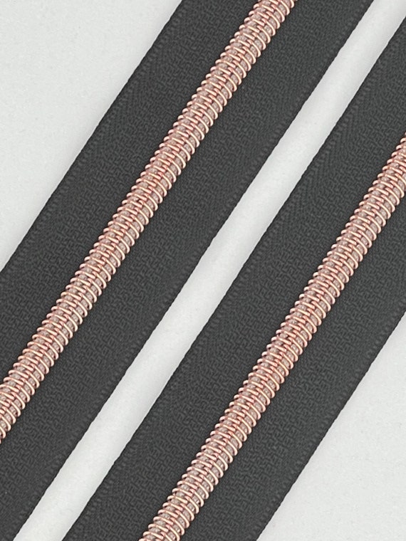 Black Zipper Tape With Rose Gold Nylon Coil size 5 Zipper by the