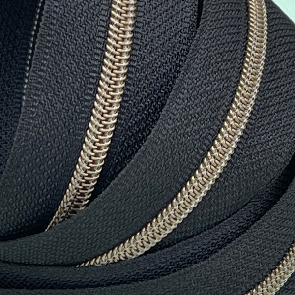 Size #3 Black Zipper Tape with Antique Bronze Nylon Coil (Size #3) - Zipper by the Yard