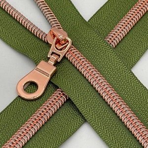 Forest Green Zipper Tape with Rose Gold Nylon Coils | Size #5 | Zipper by the Yard