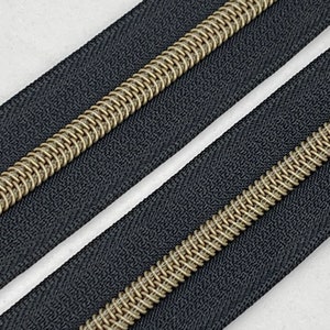 Black Zipper Tape with Antique Bronze Nylon Coil (Size #5) - Zipper by the Yard