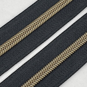 Black Zipper Tape with Antique Bronze Nylon Coil | Size #5 | Zipper by the Yard