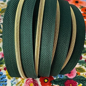 Size #3 | Emerald Green Zipper Tape with Gold Nylon Coils | Zipper by the Yard