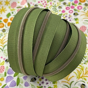 Size #3 | Forest Green Zipper Tape with Antique Bronze Nylon Coils | Zipper by the Yard